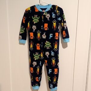Carter's Navy Monster Print Fleece One-Piece Footie with Light Blue Trim